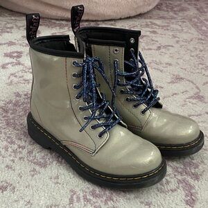 Dr. Martens Kids' Shiny Silver Boots with Blue Laces